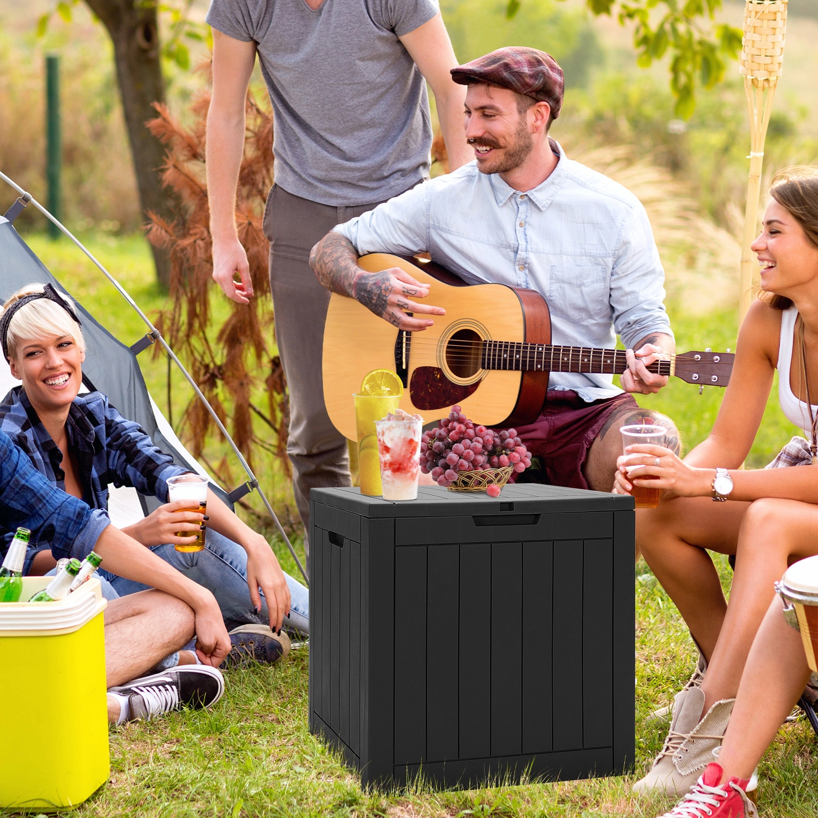 SUGIFT 30-Gallon Wood Grain PP Resin Lift-Top Outdoor Patio Deck Storage Box 22-in x 17-in x 21-in 154-lb Seat Black