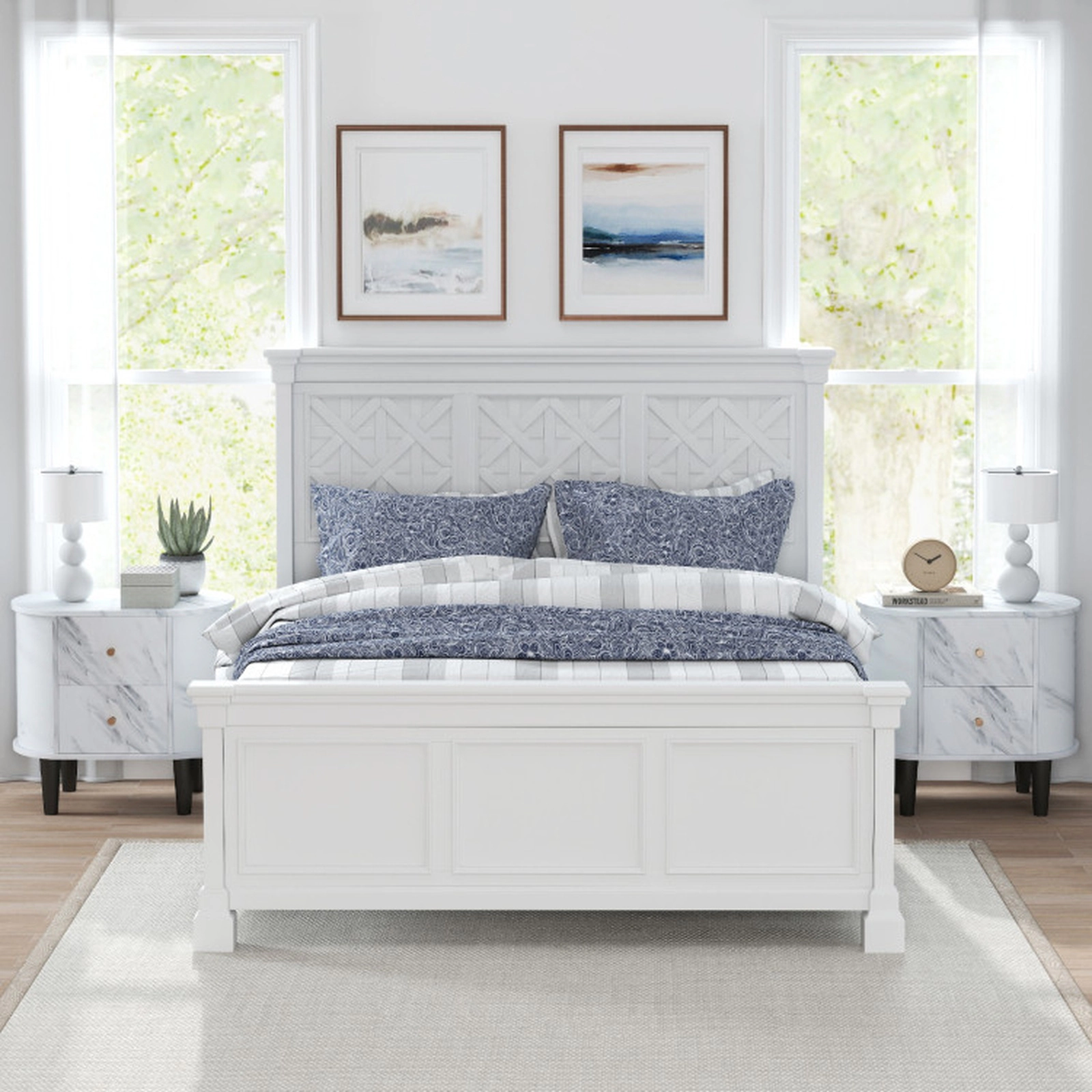 SUGIFT Modern Faux Marble 2-Drawer Nightstand Bedside Table 44-lb Tabletop Capacity 23.5 x 16 x 22 in White