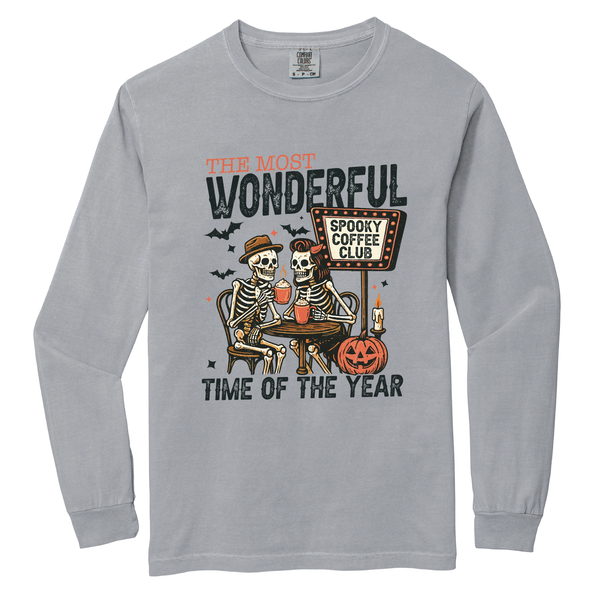 Simply Sage Market - Women's Garment Dyed Long Sleeve Graphic T-Shirt Halloween Wonderful Time of the Year Skeletons