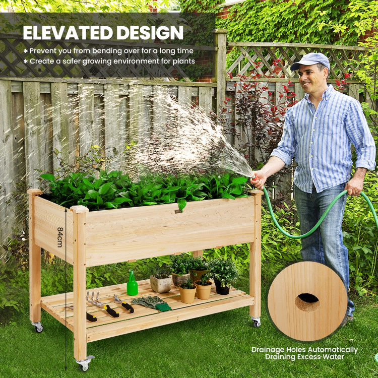 Hivvago Wood Elevated Planter Bed with Lockable Wheels Shelf and Liner