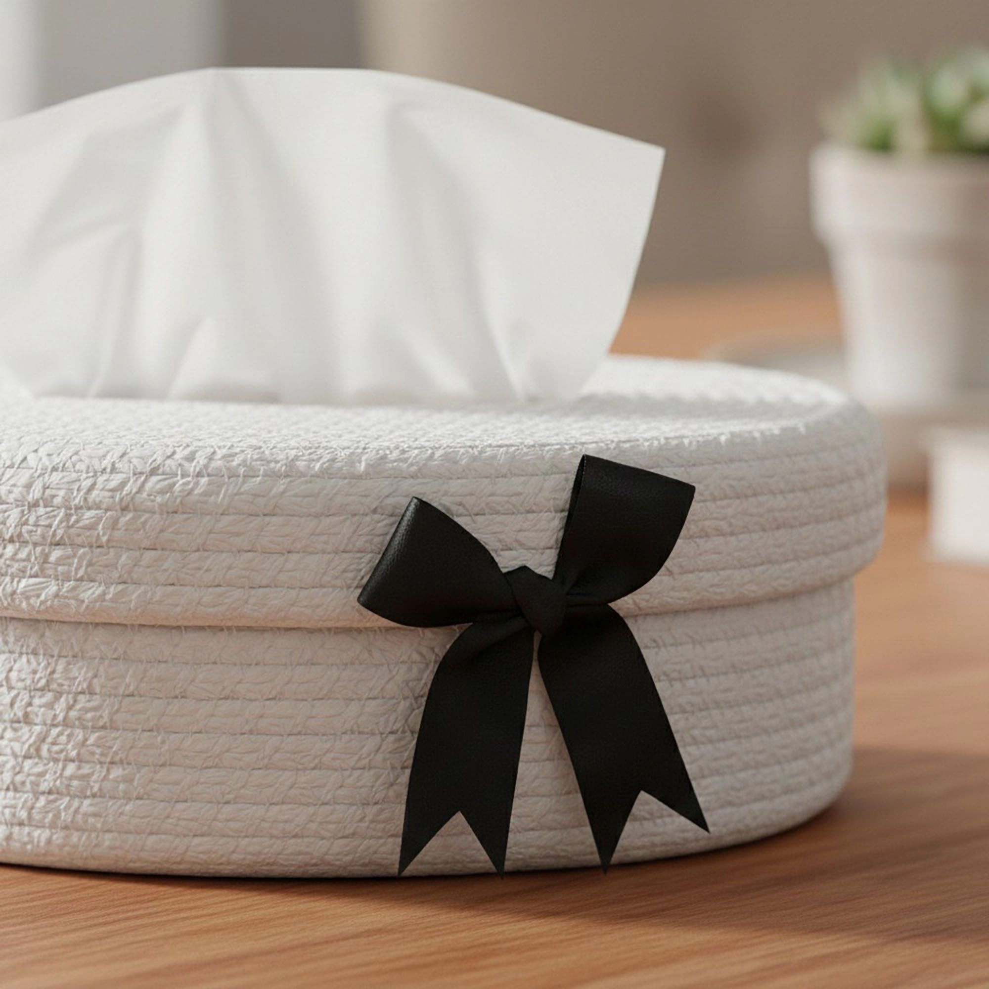 Alilang Unisex Woven Oval Storage Basket with Lid Tissue Opening Decorative Rope Design and Bow Accent