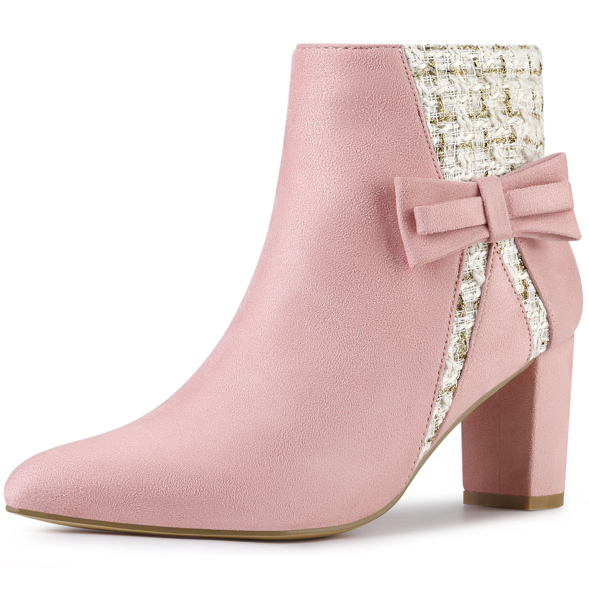BLISSFUL STEP Women Tweed Plaid Bow Block Heels Ankle Boots