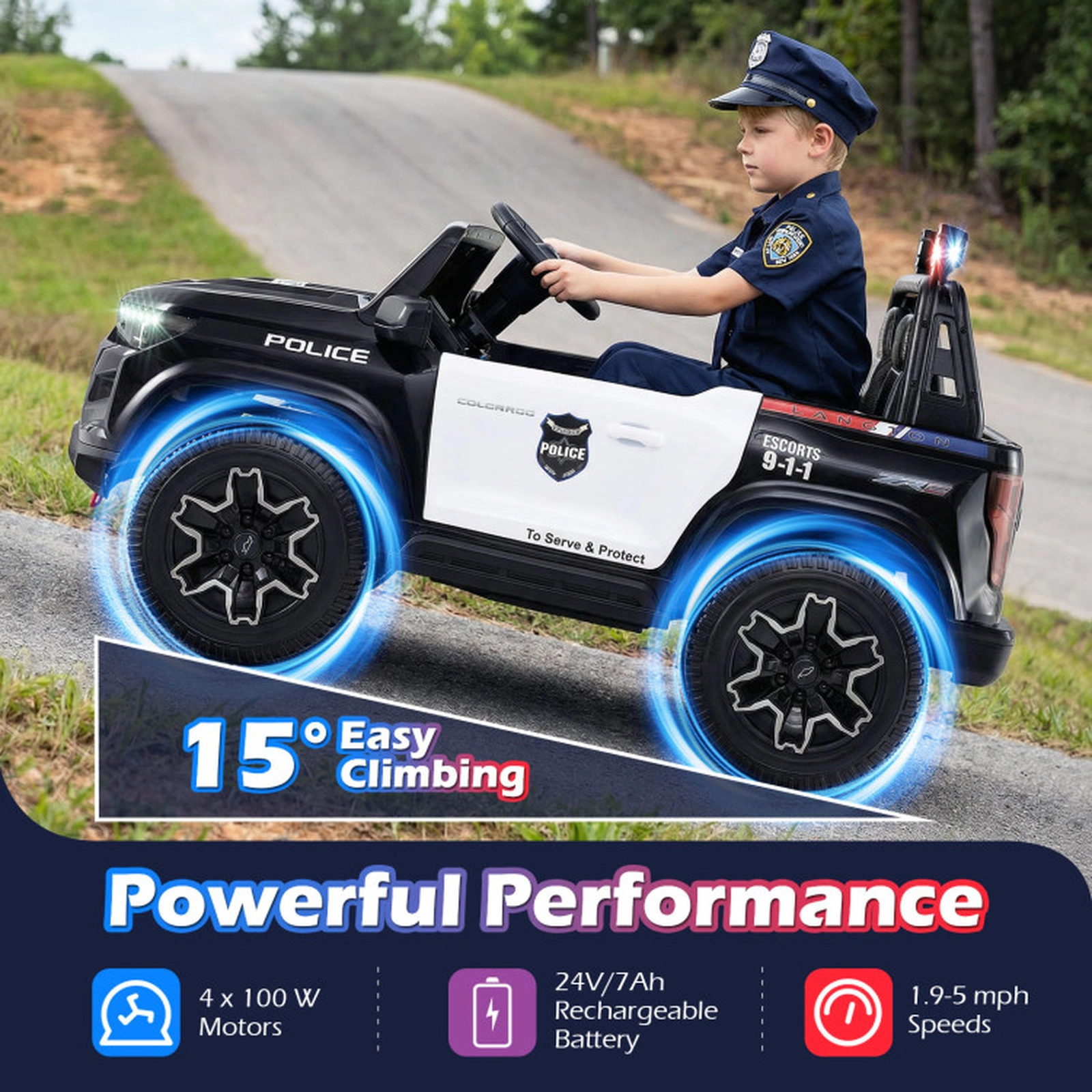 SUGIFT Black Megaphone and Siren Kids 24V 2 Seater Licensed Chevrolet Ride On Police Car 4WD