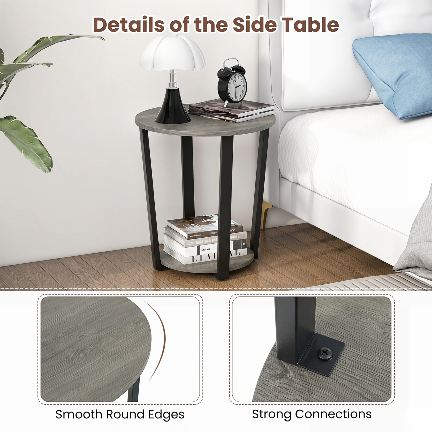 Glintex Round 2-Tier End Table with Detachable Tray Shelf and Melamine Top, Oak