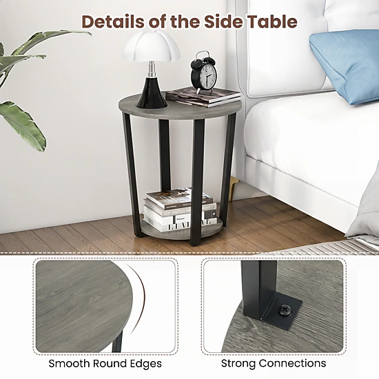 Glintex Round 2-Tier End Table with Detachable Tray Shelf and Melamine Top, Oak