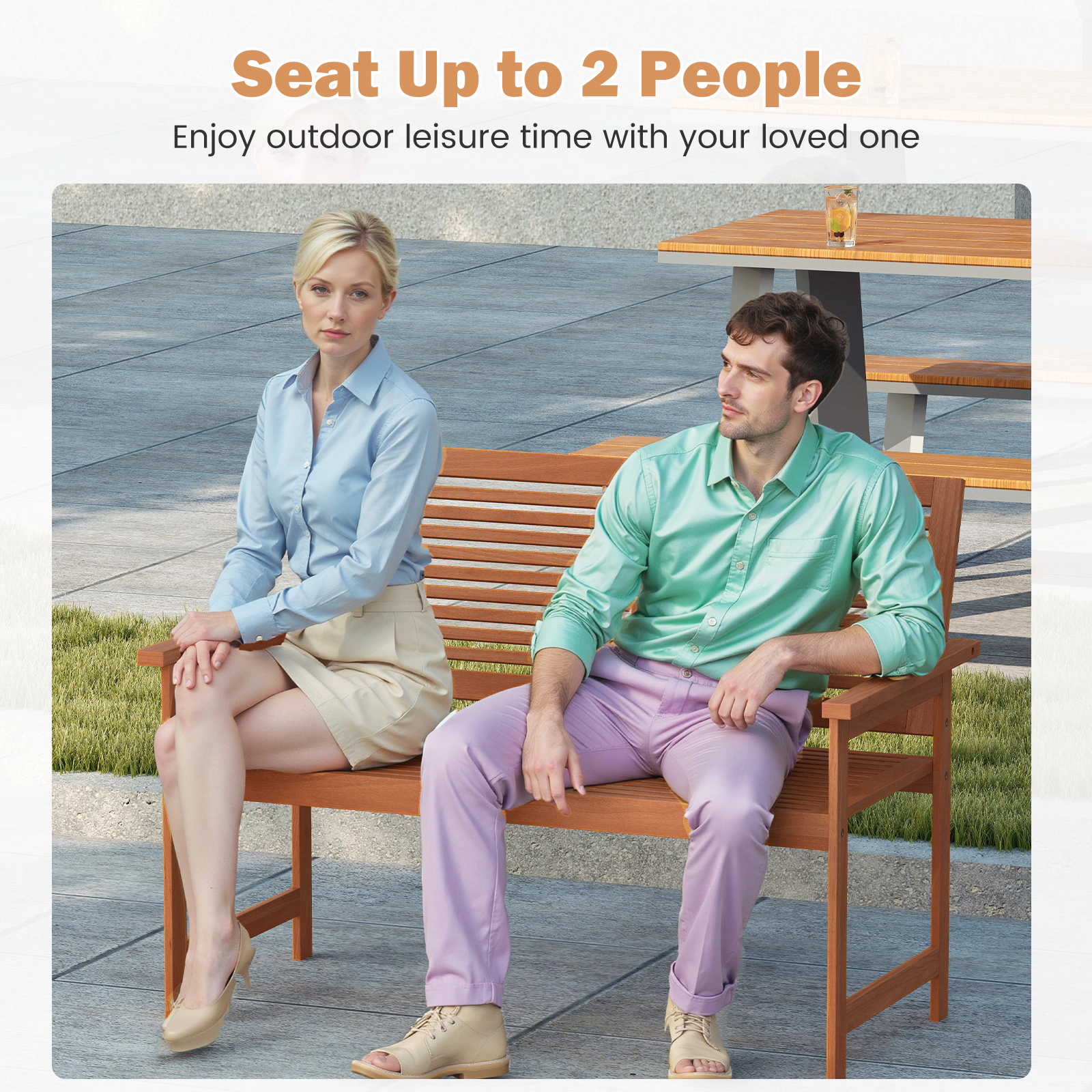 SUGIFT 46 in Outdoor Wooden Bench Natural 2-Person Patio Bench with Slatted Back and Seat