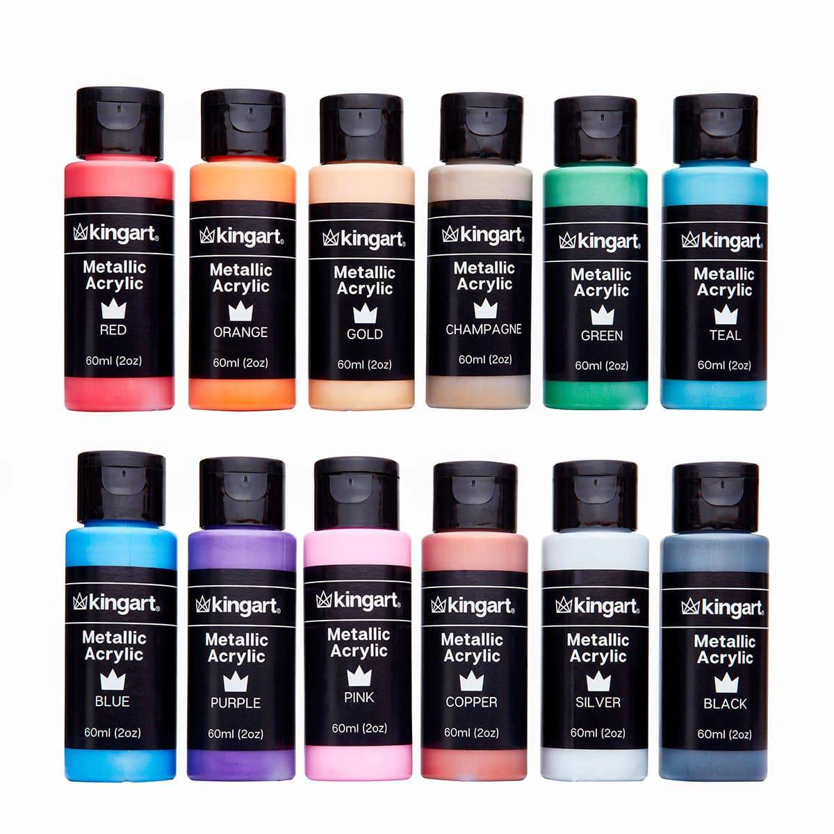KINGART Studio Acrylic Paint Set - 12 Metallic Colors - 60 ml Bottles