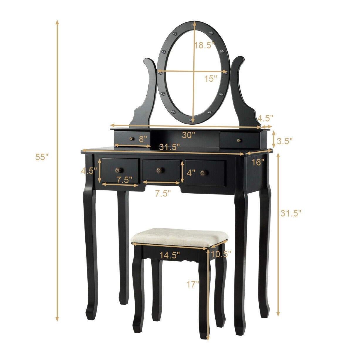 SUGIFT 5-Drawer Vanity Table and Stool Set with 12-LED Oval Mirror 31.5-in Table Height Black