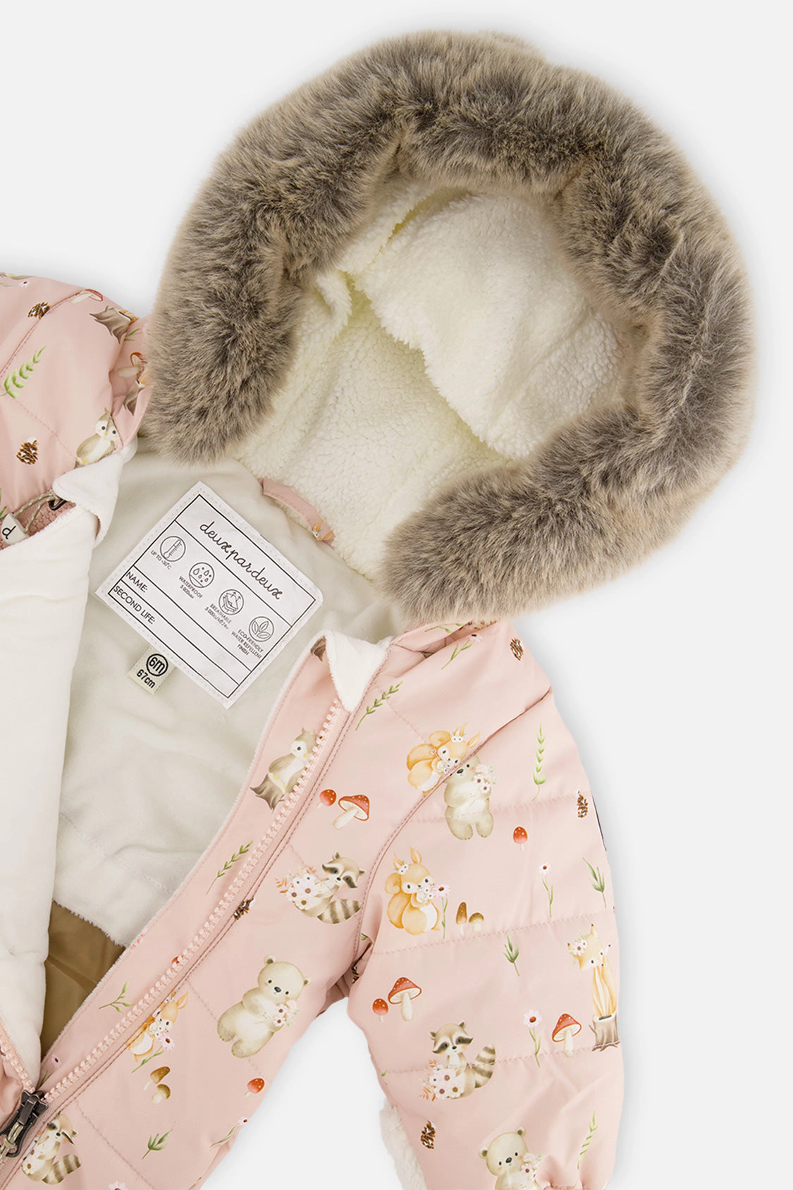 Deux par Girls Animal Print One Piece Snowsuit Adapted for Car Seats with Bear-Ear Hood