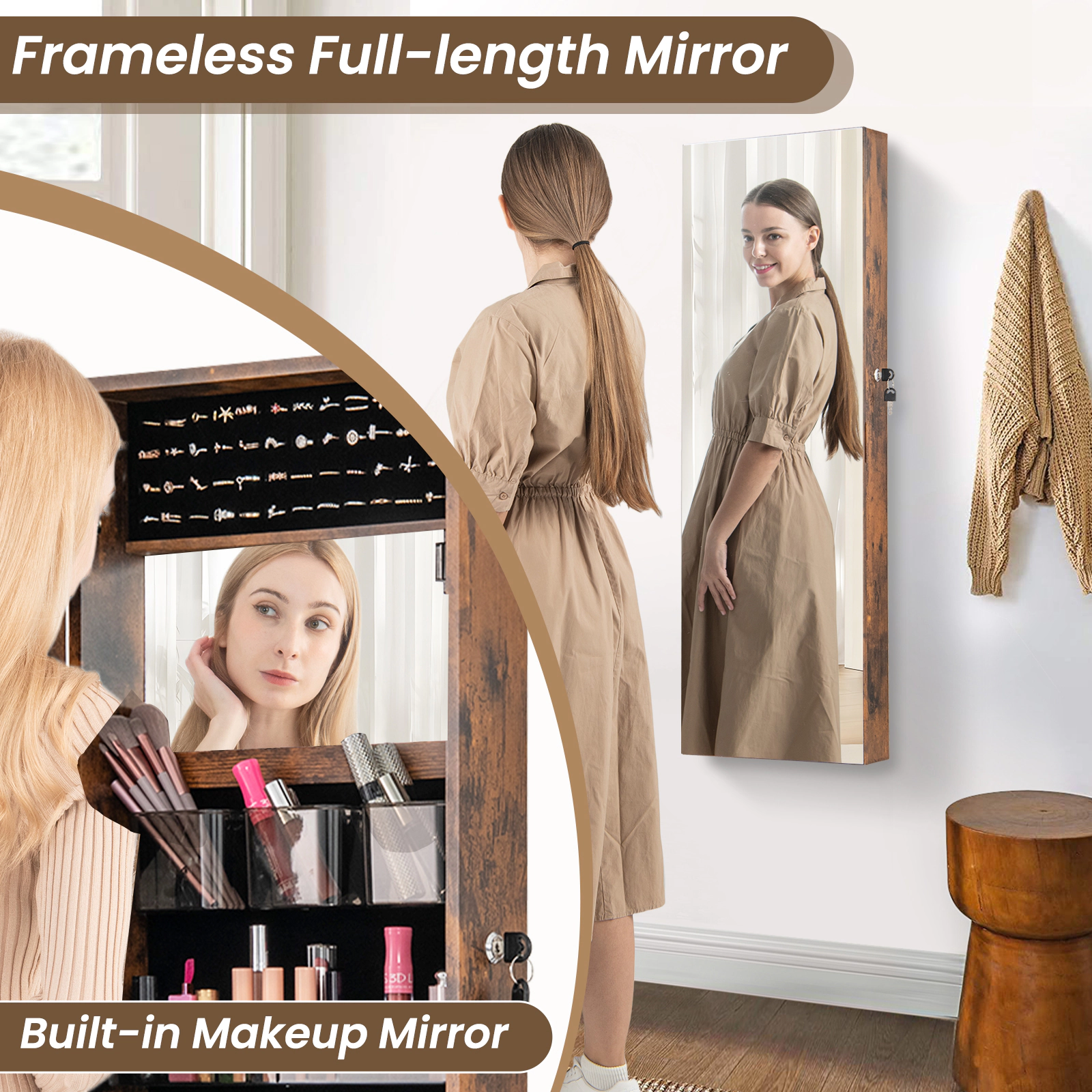 SUGIFT 43.5-in Rustic Brown Jewelry Storage Cabinet with Full-Length Mirror and Lockable Necklace Organizer