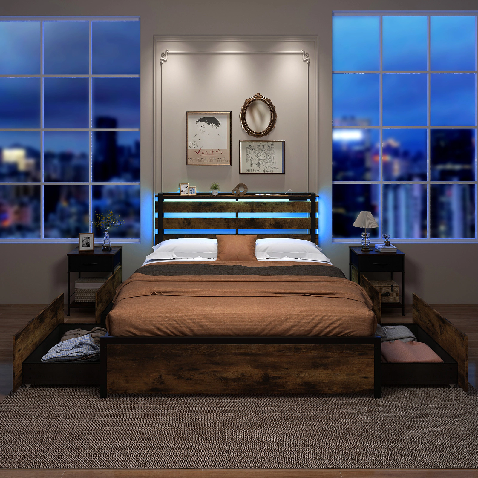 SUGIFT Queen Size 1000-lb Bed Capacity Bed Frame with 4 Drawers LED Lights and Charging Station Rustic Brown