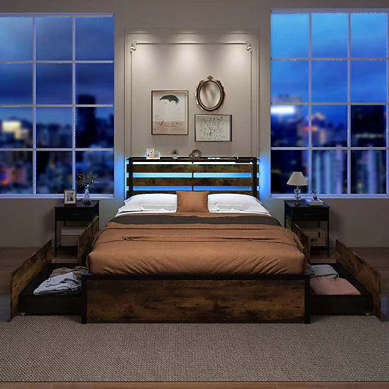 SUGIFT Queen Size 1000-lb Bed Capacity Bed Frame with 4 Drawers LED Lights and Charging Station Rustic Brown