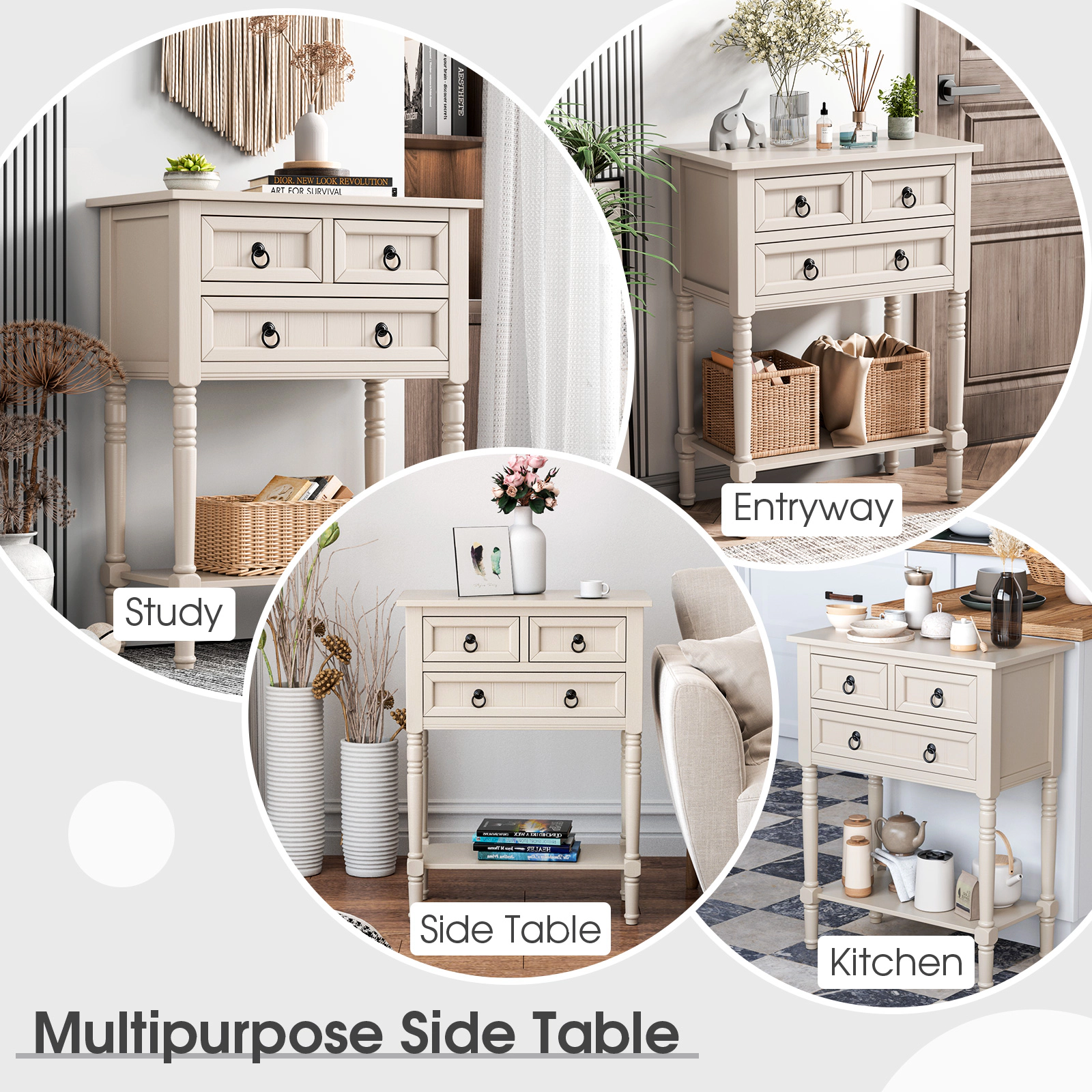 SUGIFT Narrow 3 Drawers Open Shelf Acacia Wood Legs Entryway Console Table 24-in x 13-in x 31-in 154-lb Capacity Beige