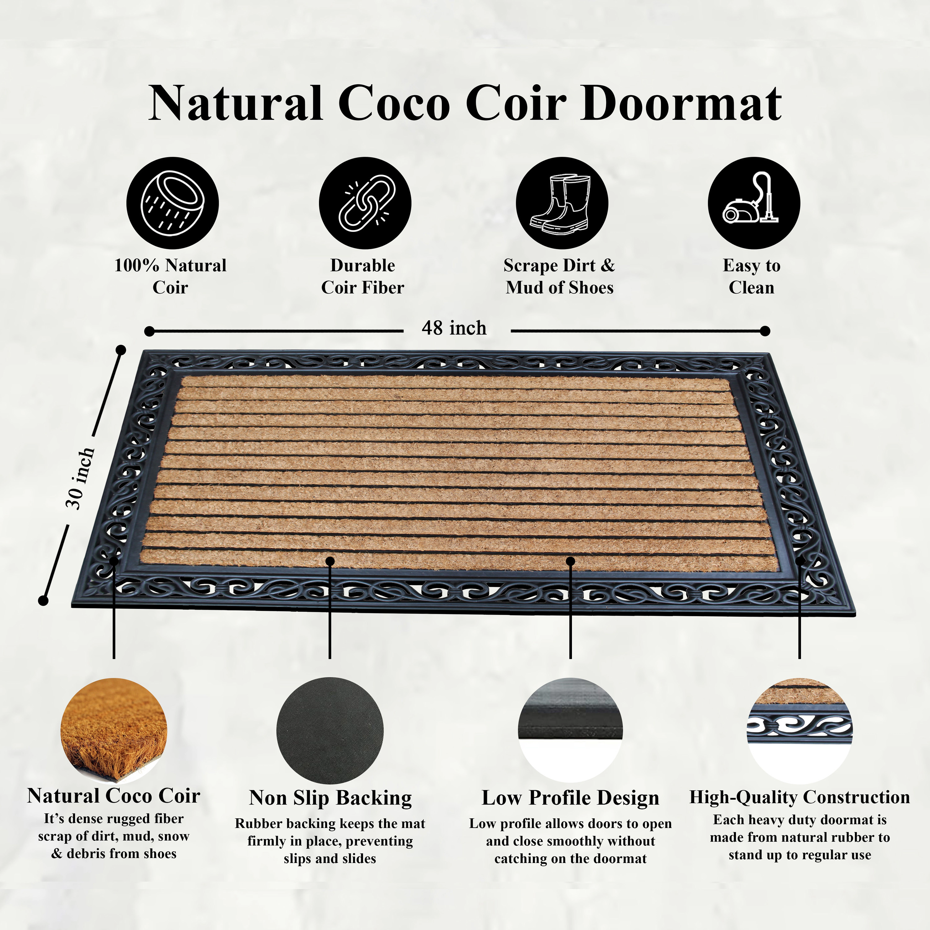 A1 Home Collections Coir and Rubber Door Mat 30x48 Inches Anti-Shed Fade-Resistant Heavy Duty