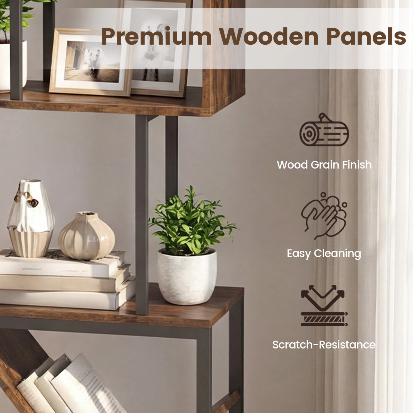 SUGIFT 6-Tier 48-in S-Shaped Geometric Tree Bookshelf Floor Standing with 2 Anti-Toppling Kits for Study