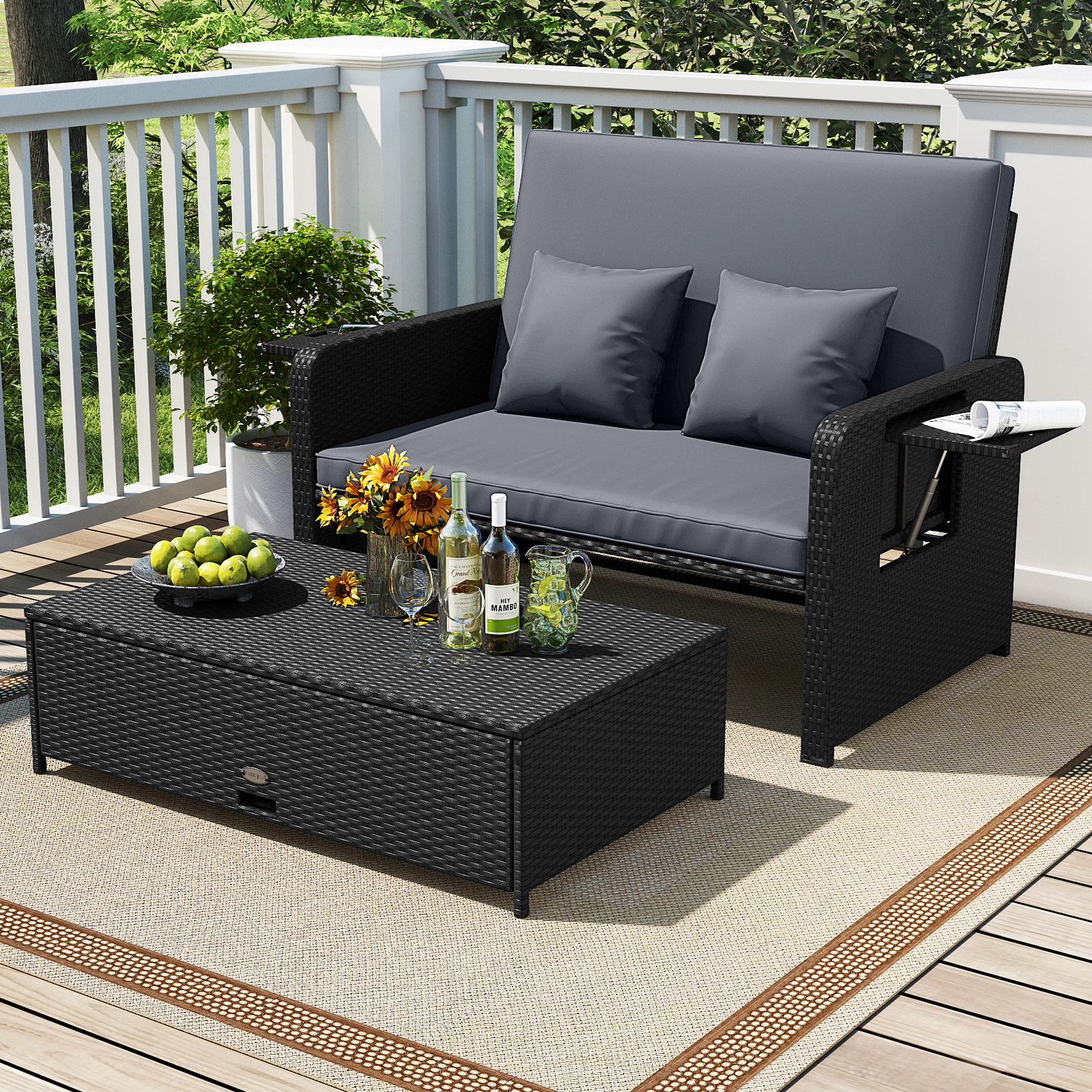 LJG PE Wicker Outdoor Daybed with 4-Level Adjustable Backrest and Storage Ottoman