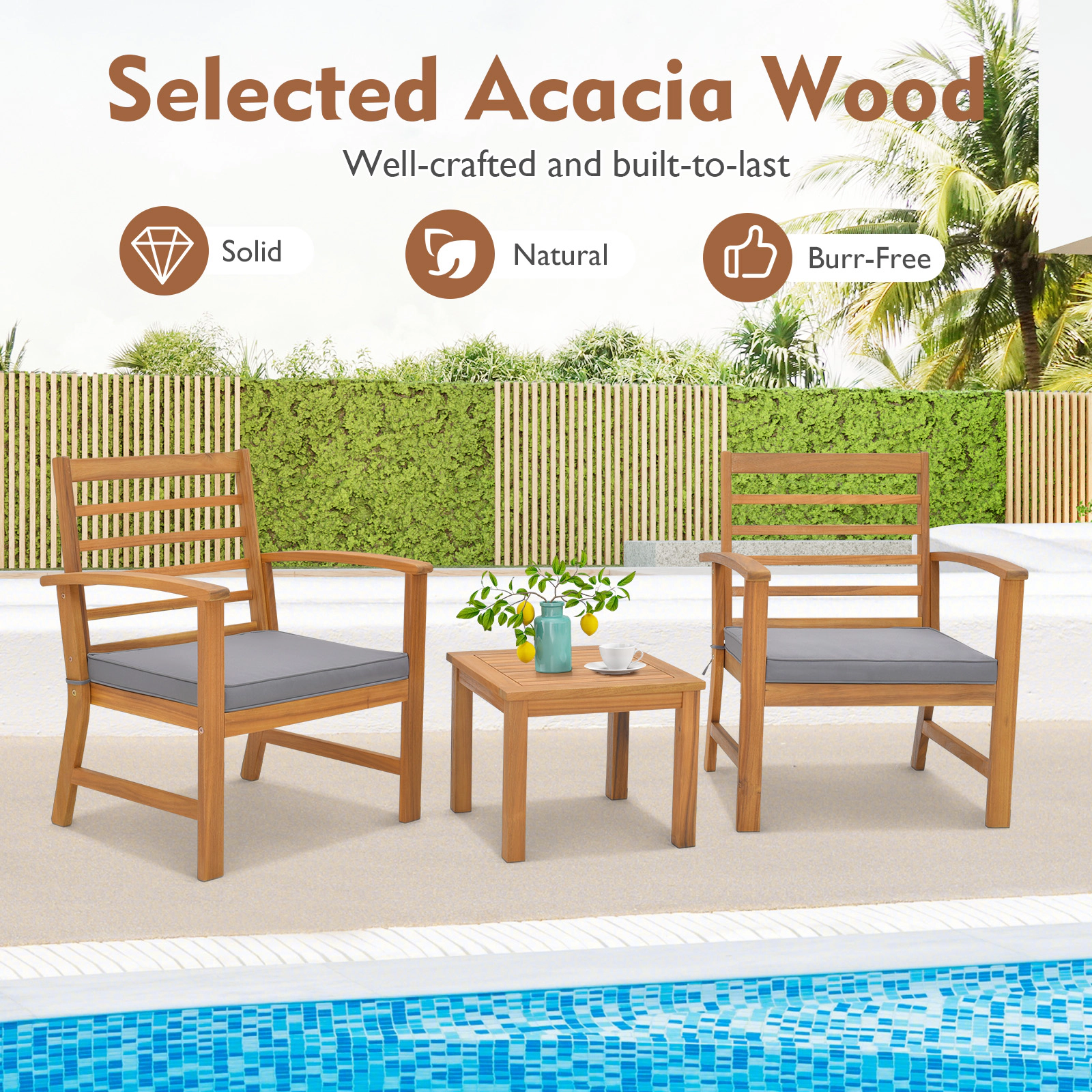 SUGIFT Table and Soft Seat Cushions 3-Piece Acacia Wood Patio Chair Set