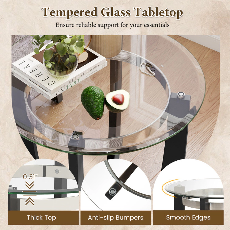 Hivvago 24 Inches Round Side Table With Tempered Glass Top And Solid Rubber Wood Base