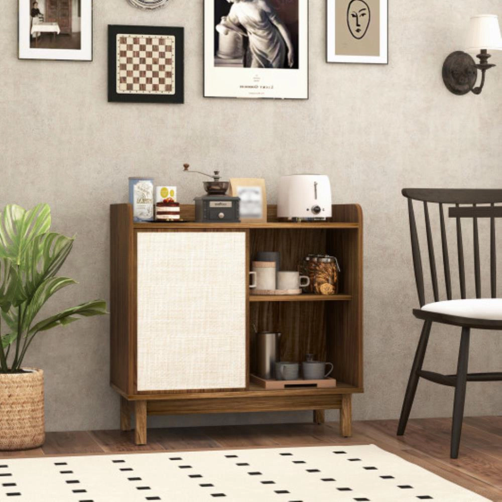 Hivvago Rattan Buffet Sideboard Mid Century Floor Storage Cabinet With Sliding Door And Adjustable Shelves-Walnut