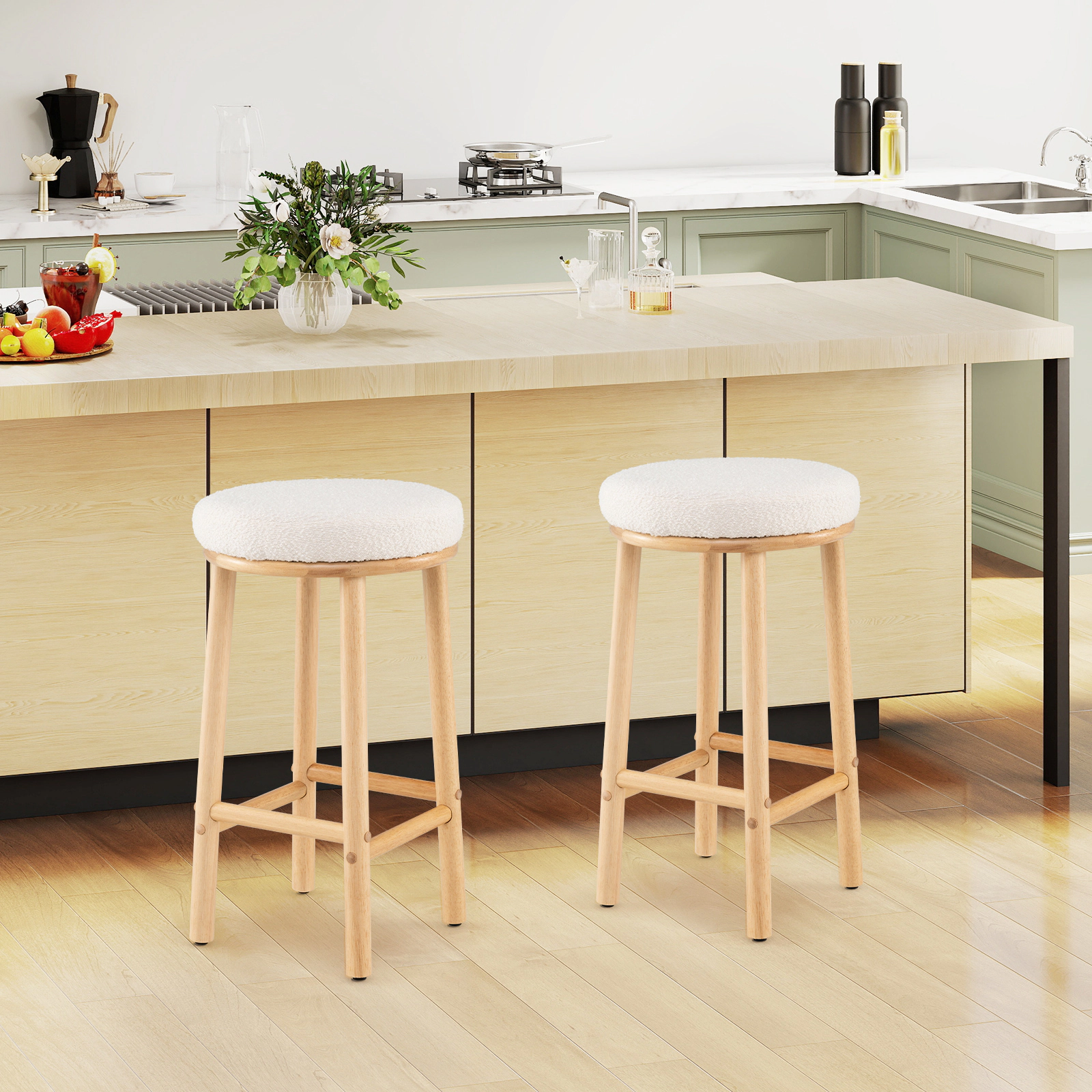 Glintex 2-Piece 27-Inch Backless Counter Stool Set with Boucle Fabric Seat, White & Natural