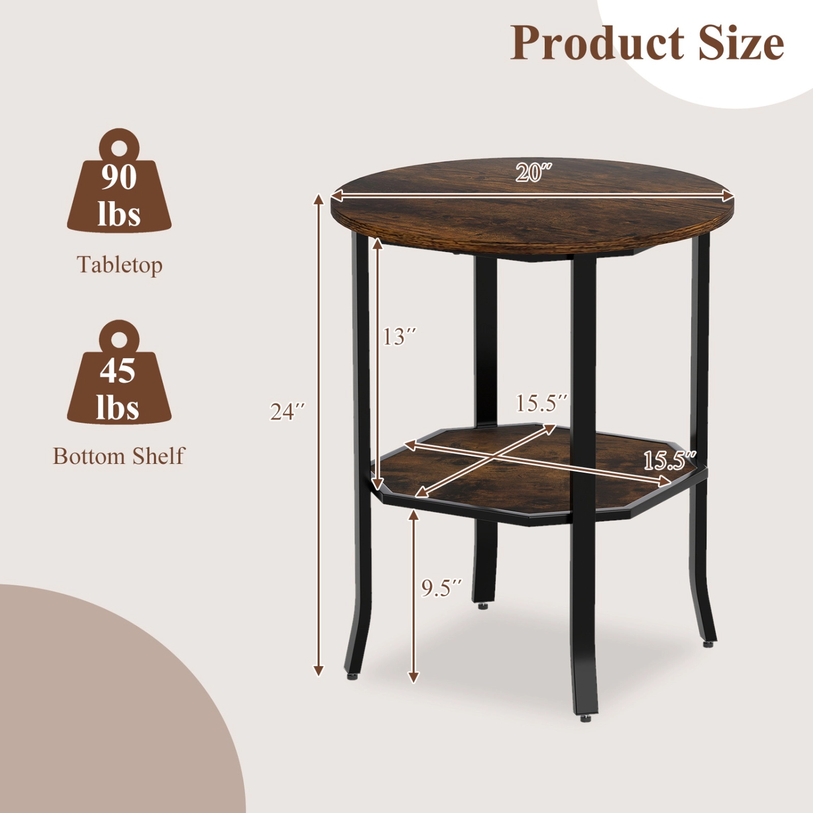 SUGIFT Round Small End Table 2-Tier Storage Shelf 90-lb Tabletop Capacity 20 x 24 in Frame Rustic Brown & Black