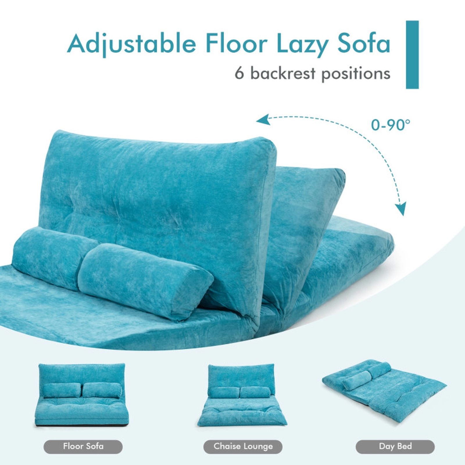 SUGIFT 6-Position Lay Flat 2 Pillows Corduroy Convertible Floor Sofa Bed 71-in x 42.5-in x 7-in 330-lb Capacity Blue
