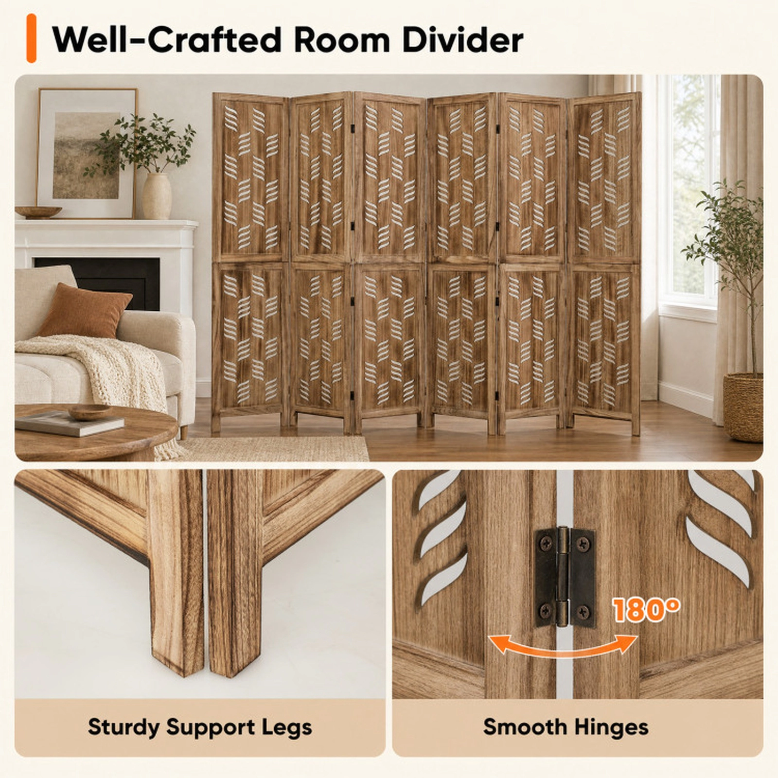 SUGIFT 6-Panel Paulownia Wood Room Divider Shelving Unit 95 x 67 in with Wave Cutouts 20.5-lb Net Weight Brown White