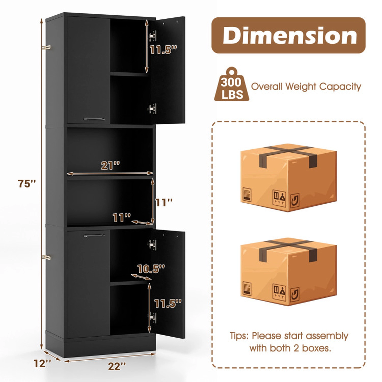 SUGIFT 75-in Slim Engineered Wood 4 Doors 2 Open Shelves Kitchen Pantry Cupboard 22-in x 12-in 300-lb Capacity Black