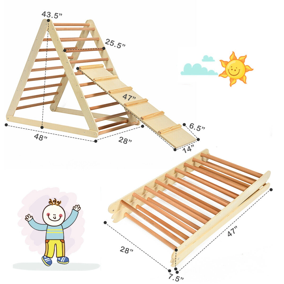 SUGIFT Natural 48-in Foldable Wooden Kids Climber with Ladder and Climbing Ramp 7.5-in Folded 132-lb Frame Load