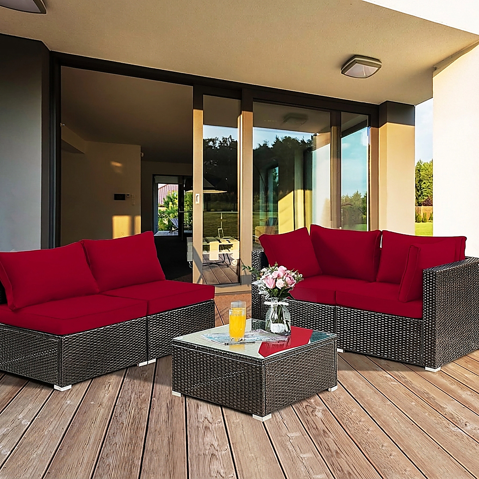 SUGIFT 5-Piece Red PE Rattan Patio Sectional Set with Glass Table