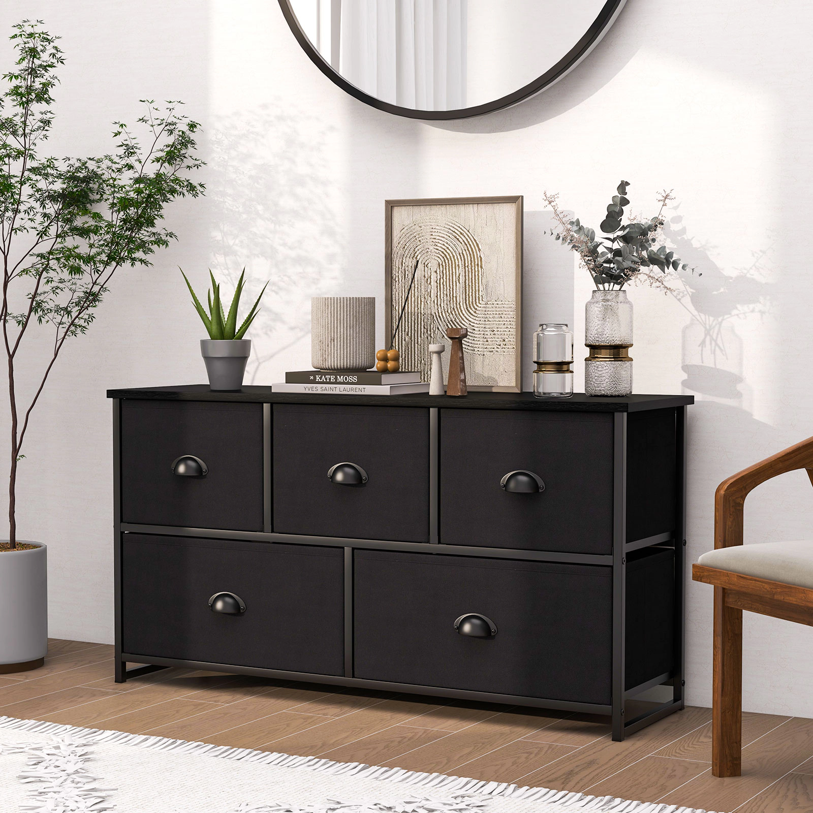 SUGIFT 39.5 in. 5-Drawer Fabric Dresser, Black, Steel Frame and Wood Top
