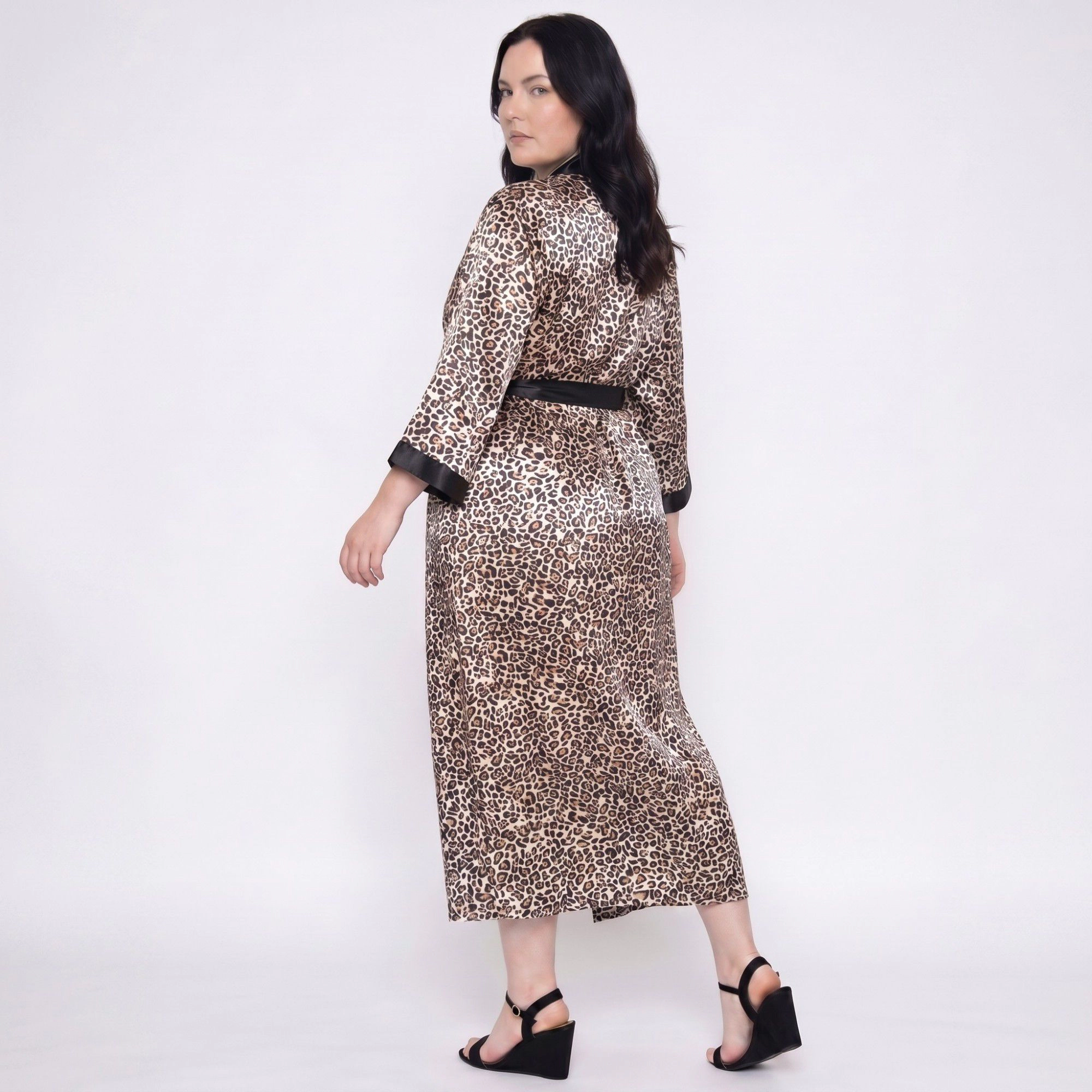 Anna-Kaci Women's Plus Leopard Print Satin-Like Wrap Robe with Long Kimono Sleeves Contrast Trim and Self Tie Waist