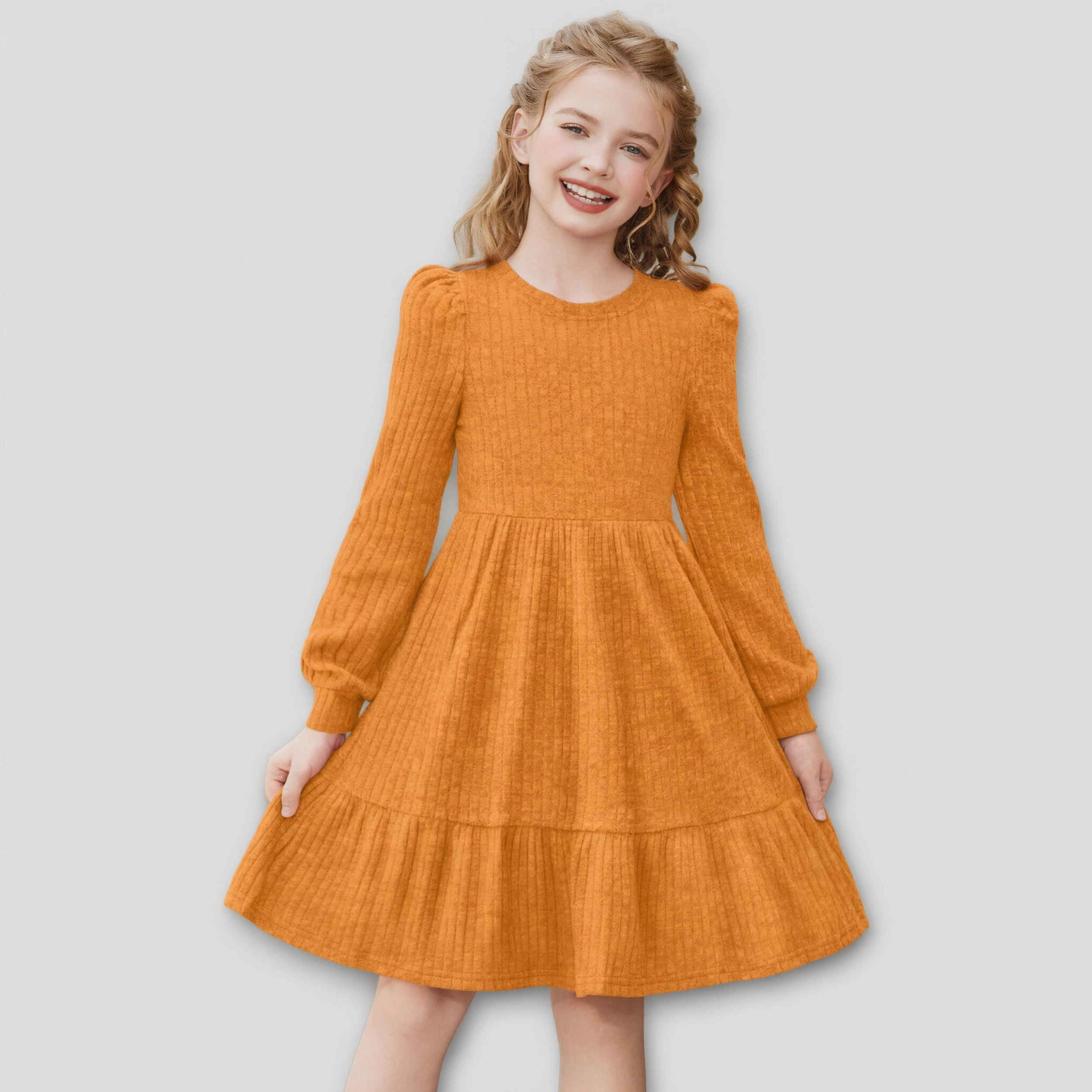 Arshiner Girls Pocket Dress Lantern Sleeve Knee Length Knit Cute