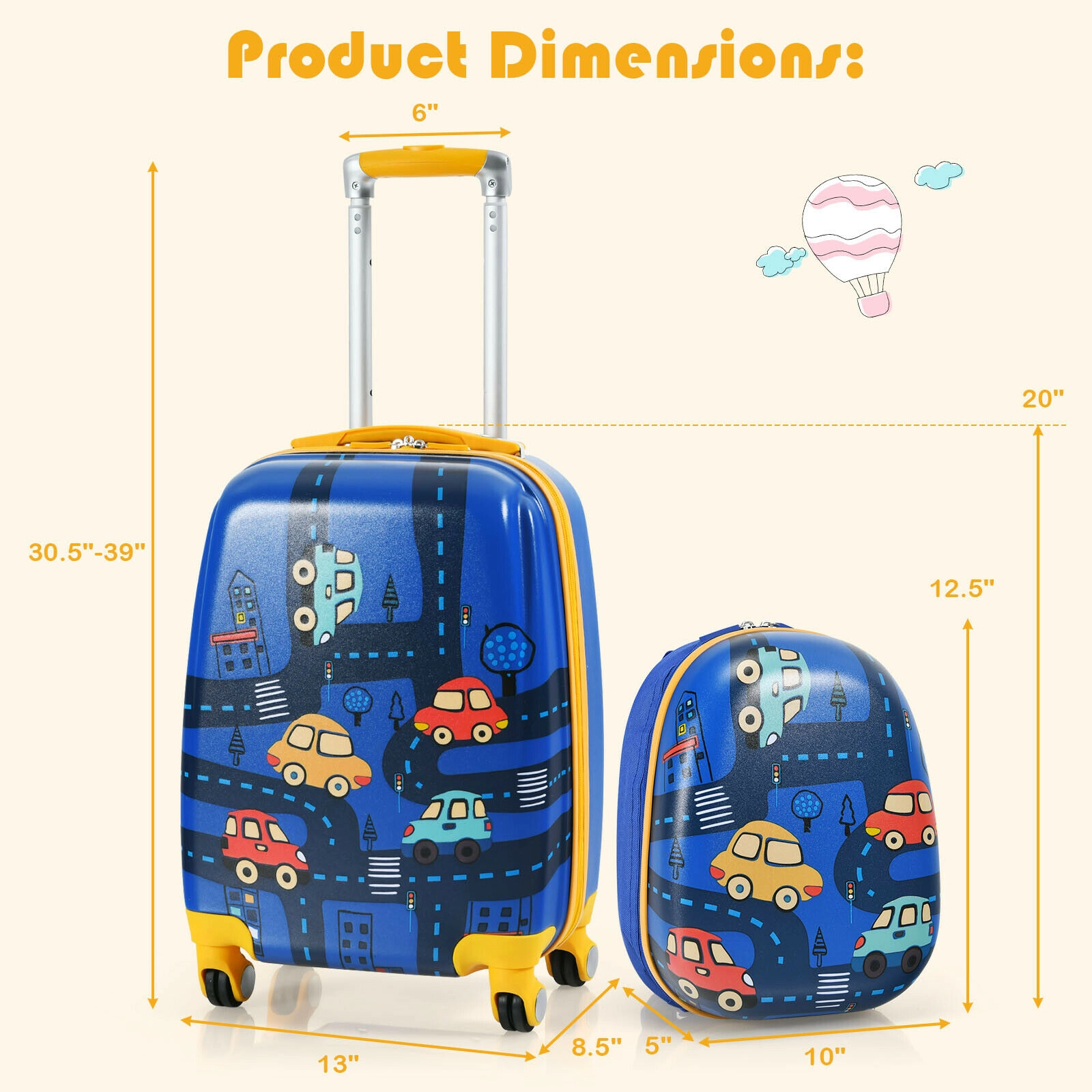SUGIFT Blue 2-Piece Kids Luggage Set with 20-in Rolling Case Zippered Side Pocket and 12.5-in Backpack