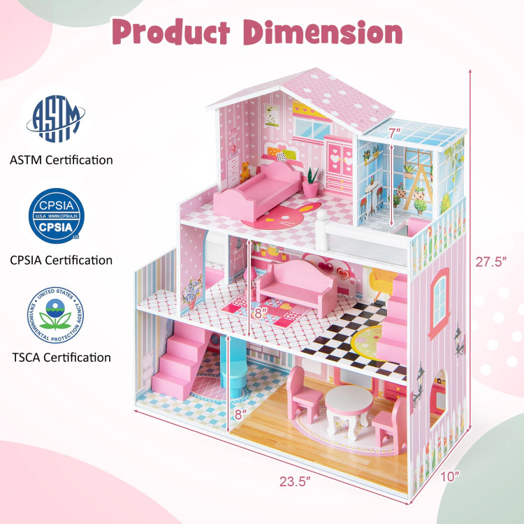 Hivvago Kids Wooden Dollhouse Playset with 5 Simulated Rooms and 10 Pieces of Furniture