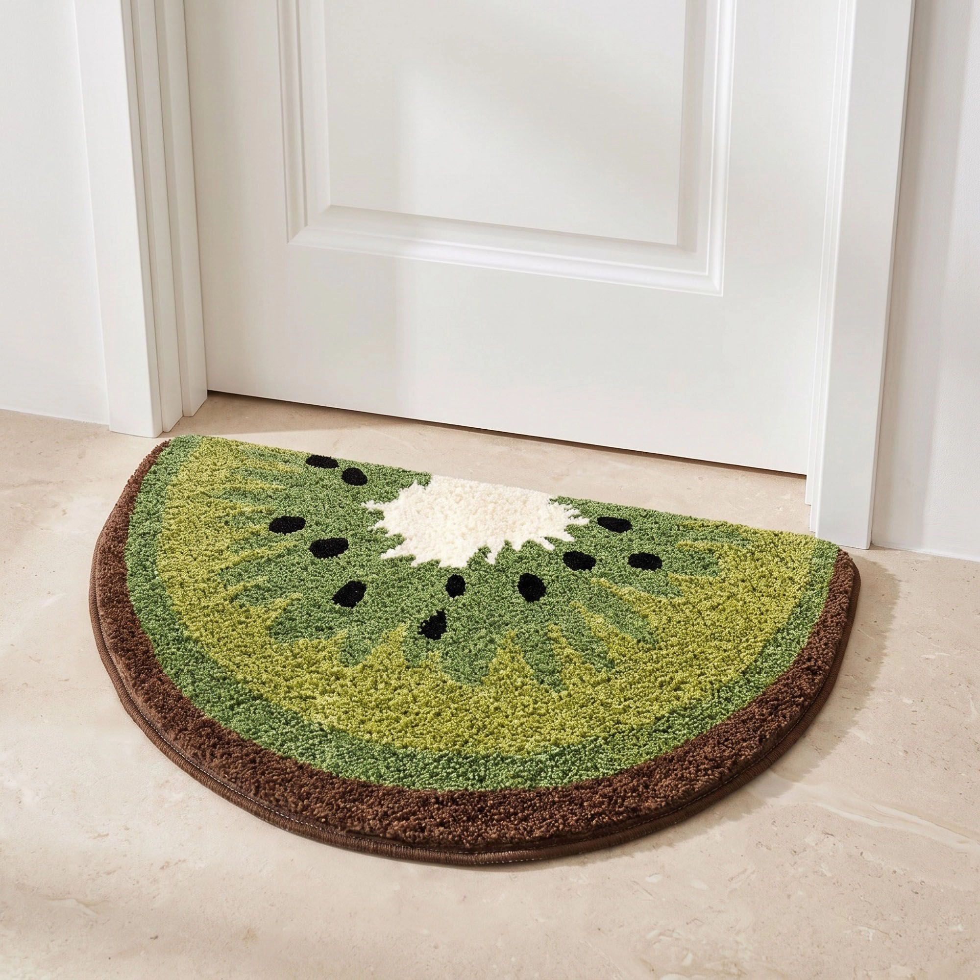 Alilang Unisex Kiwi Fruit Slice Plush Semicircle Bathroom Mat with Green Tufted Design