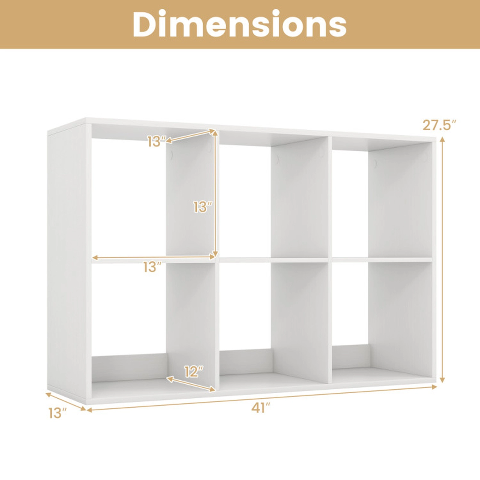 SUGIFT White 6-Cube Bookshelf with Back Guardrail and 154-lb Tabletop
