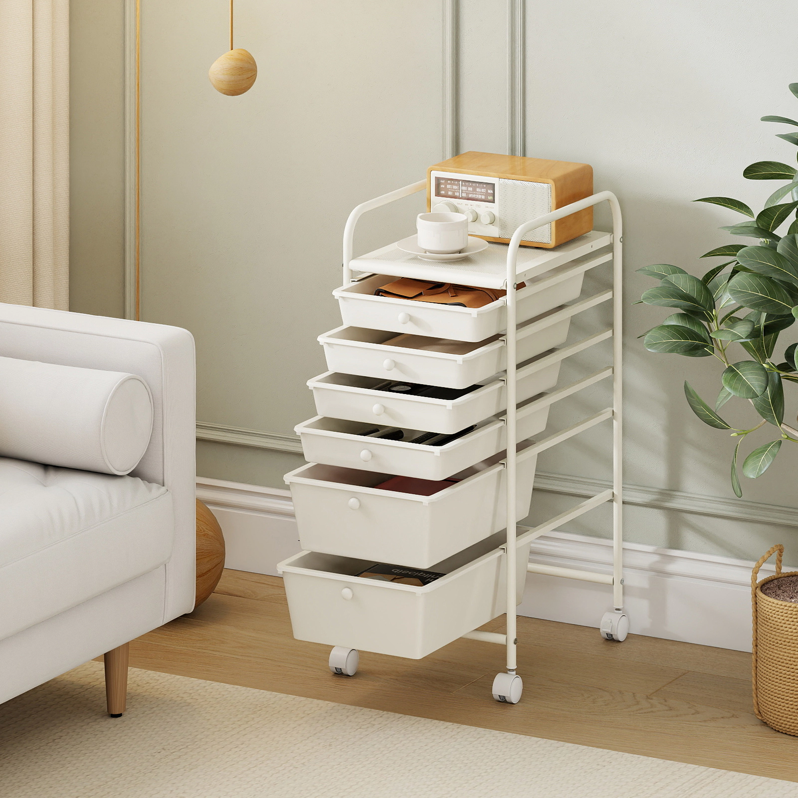 SUGIFT White 6-Drawer Rolling Storage Cart with Steel Frame and Braked Wheels 17-in W 13.5-in D 30-in H