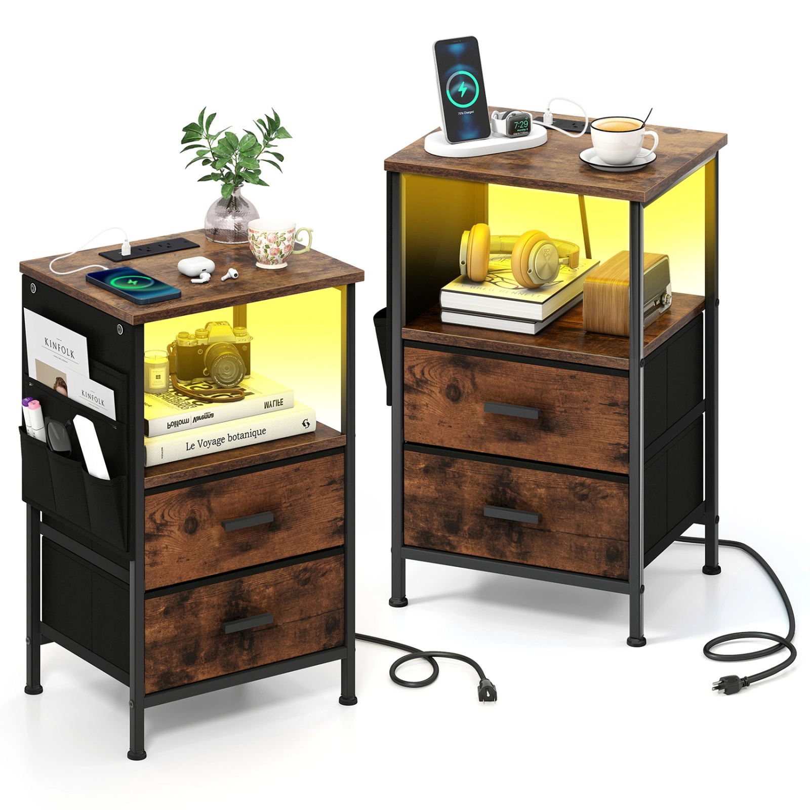 SUGIFT End Table Nightstand with Charging Station 110-lb Tabletop Capacity 45-lb Shelf 11-lb Drawer Rustic Brown + Black
