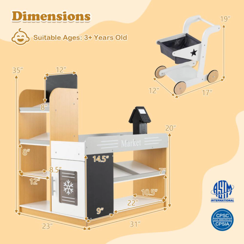Hivvago Pretend Play Grocery Store Set with Shopping Cart and 2 Chalkboards-White