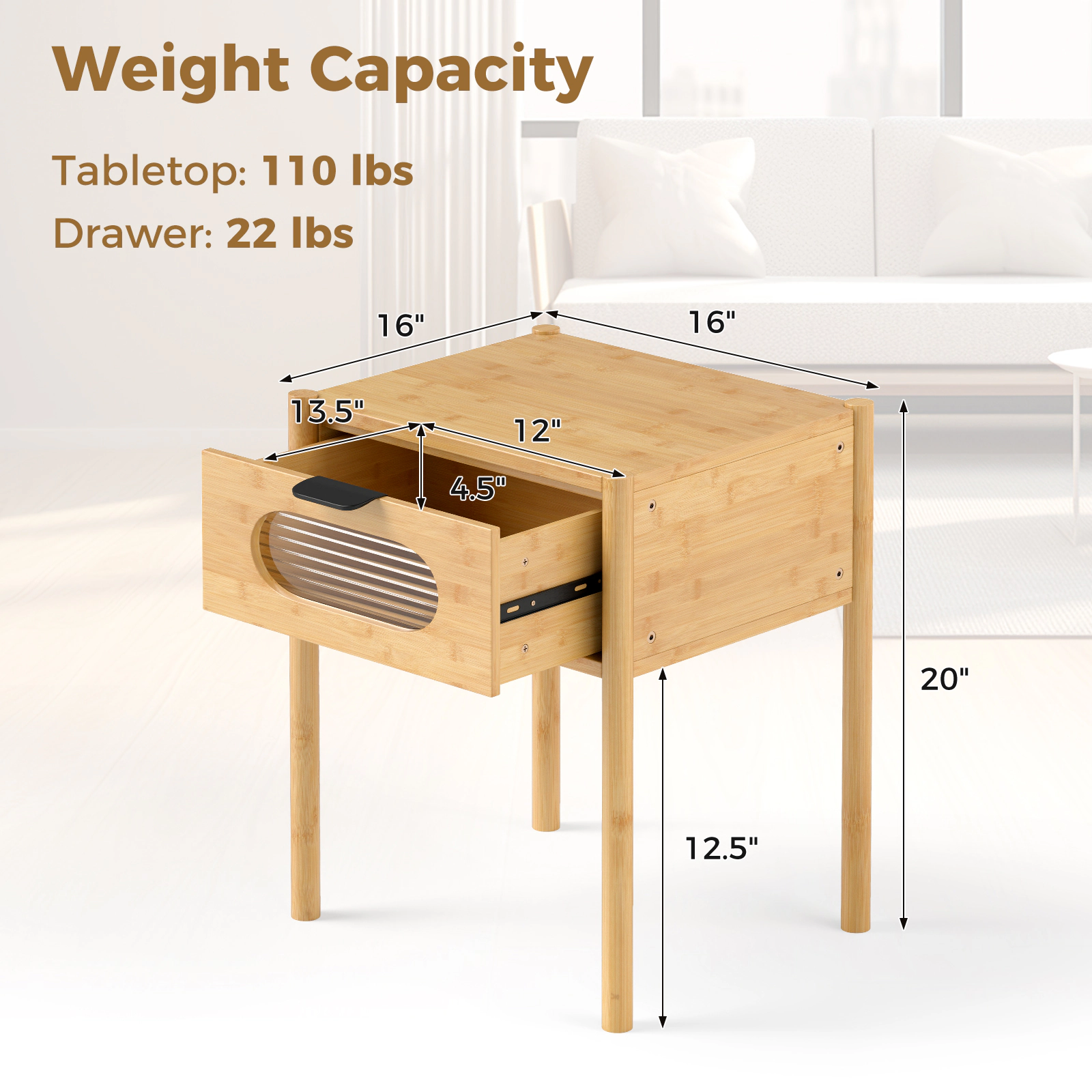 Hivvago Bamboo Nightstand Square Tall End Table with Decorated Drawer-Natural