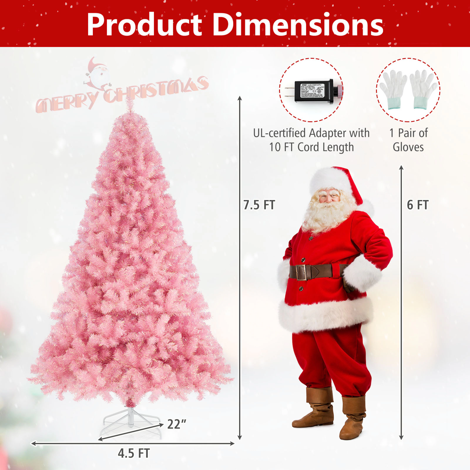 SUGIFT 7.5 ft Pink Pre-Lit Tinsel Christmas Tree with 1300 Branch Tips and 550 LED Lights