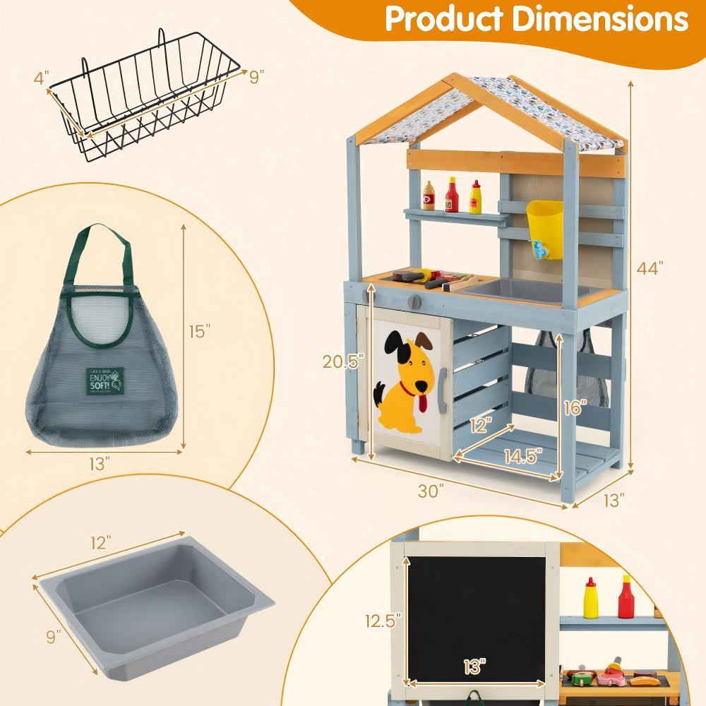 SUGIFT Kids Gray 2-in-1 Wooden Mud Kitchen with Barbecue Grill and Removable Water Box 30-in W 44-in H Ages 3+