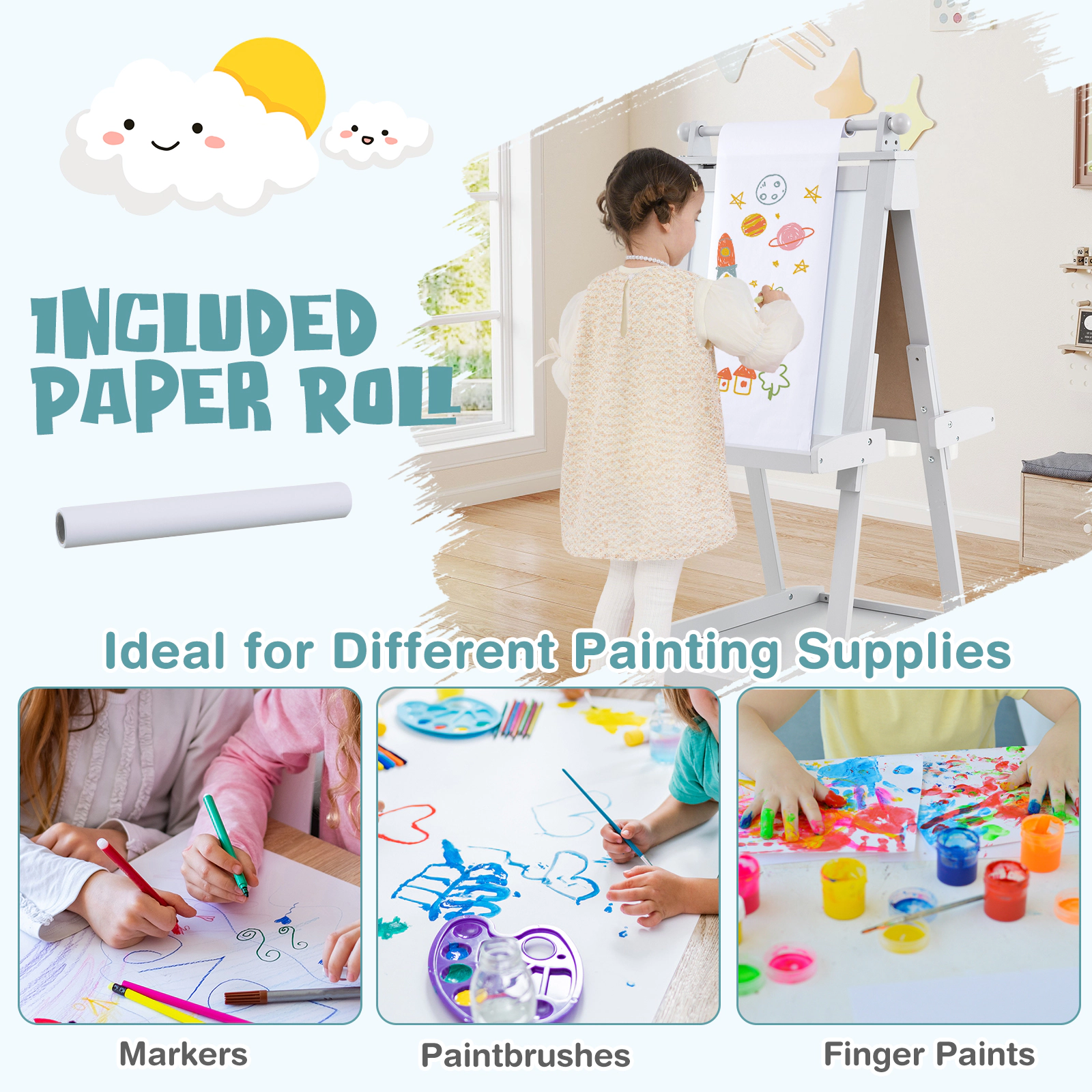SUGIFT 3-in-1 Double-sided Kids Art Easel with Chalkboard and Magnetic Whiteboard 33-lb Tool Tray Capacity 3+ Years Gray