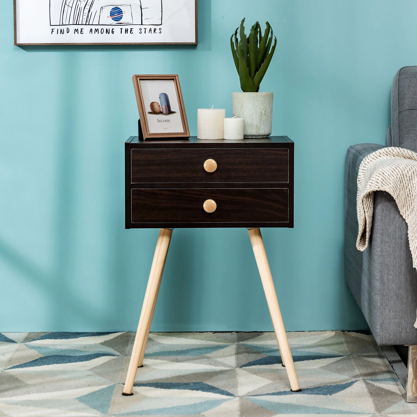 Hivvago Mid Century Modern 2 Drawers Nightstand in Natural
