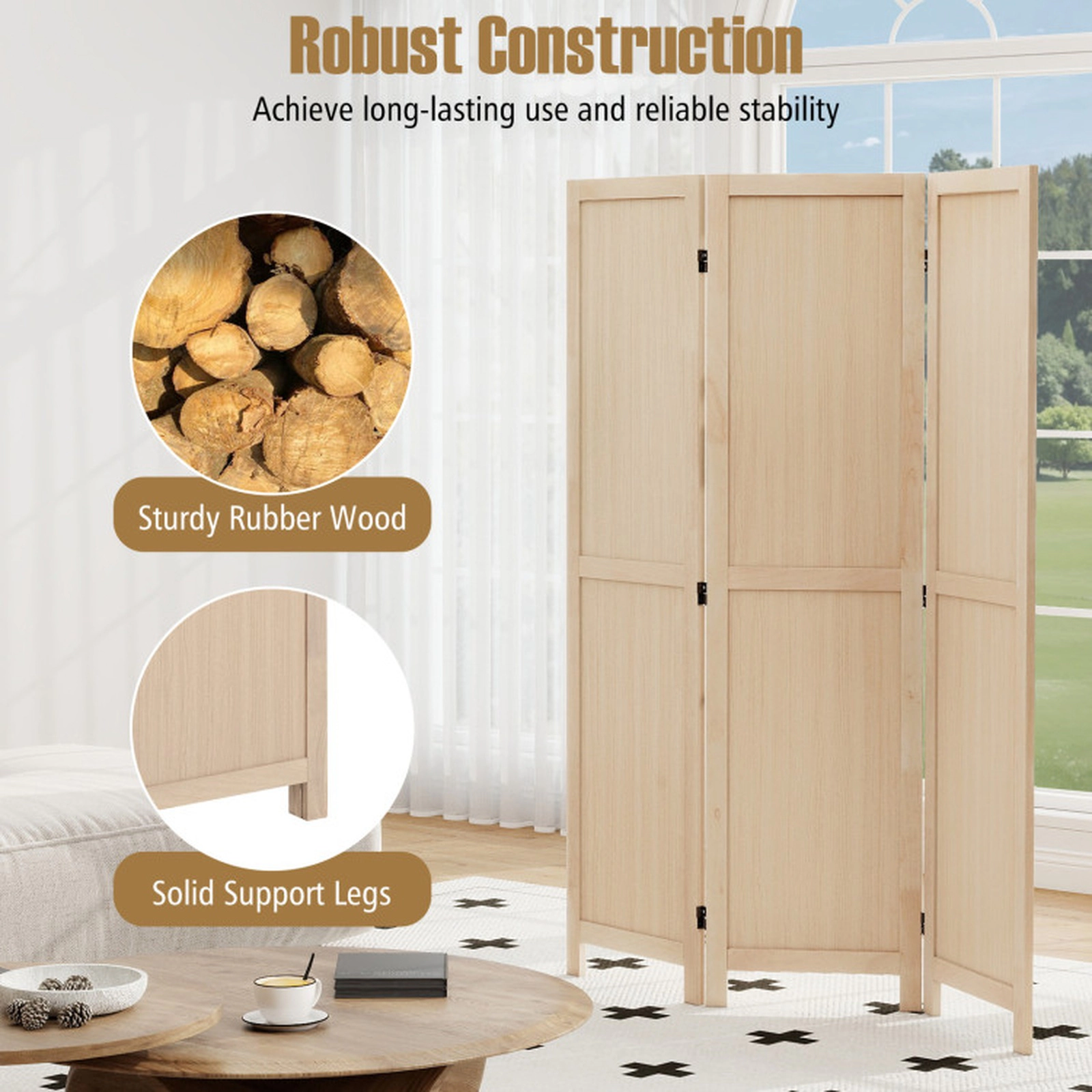 SUGIFT 3 Panel Folding Room Divider with Rubber Wood MDF Frame 53-in Unfolded Width 17.5 x 67 x 2.5 in Folded Size Beige