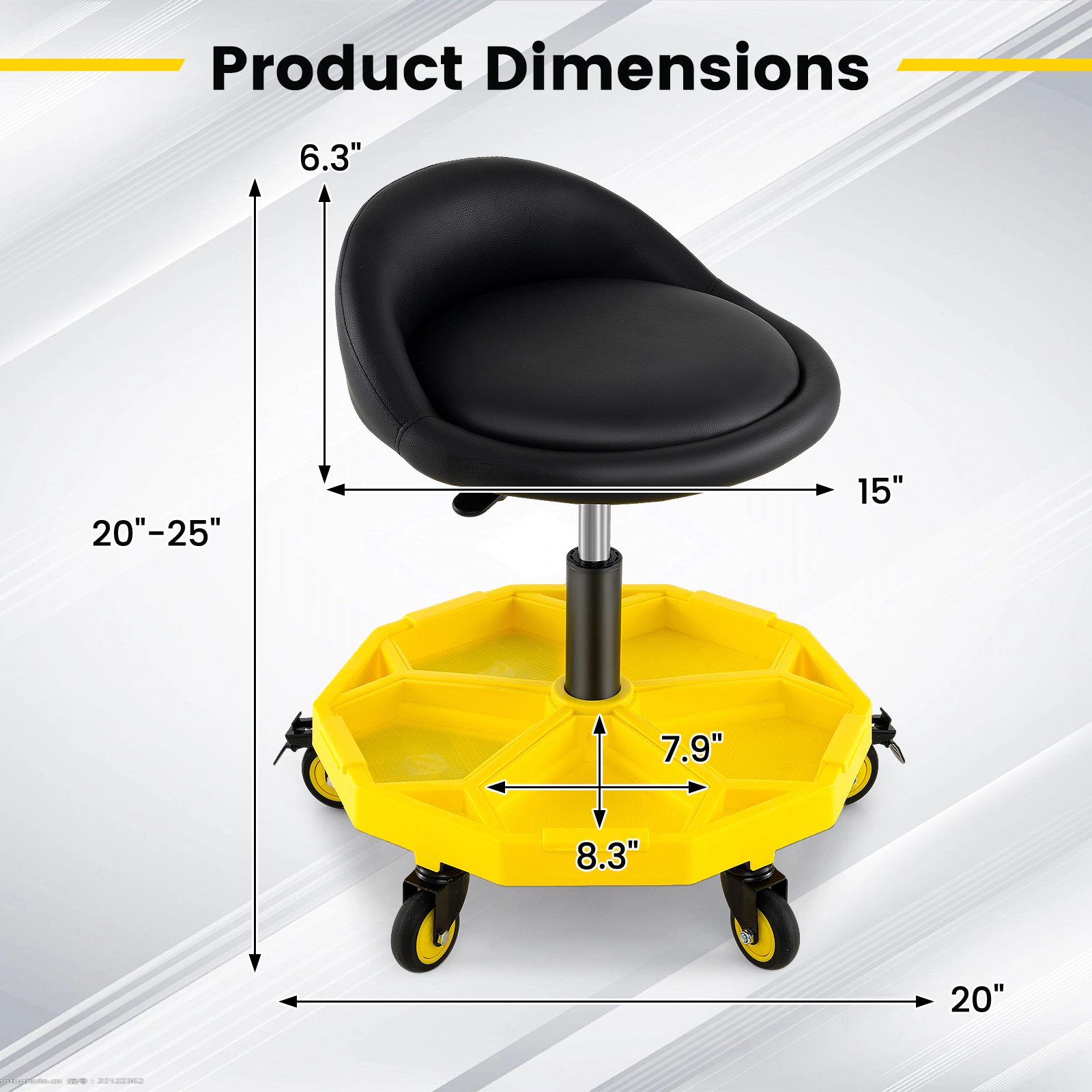SUGIFT 20-in to 25-in Adjustable 5 Wheels 5-Section Tool Tray Rolling Garage Stool 15-in Seat 350-lb Capacity Yellow
