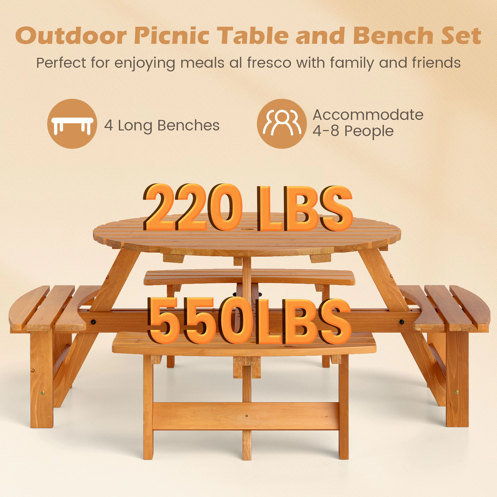 SUGIFT 8-Person Round Fir Wood Picnic Table with 4 Benches and Umbrella Hole