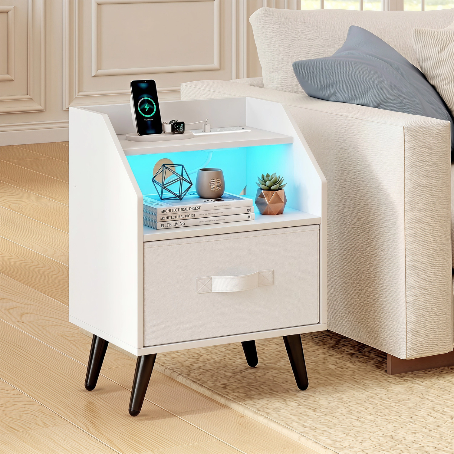 Hivvago Nightstand With Power Outlets And Open Storage Shelf