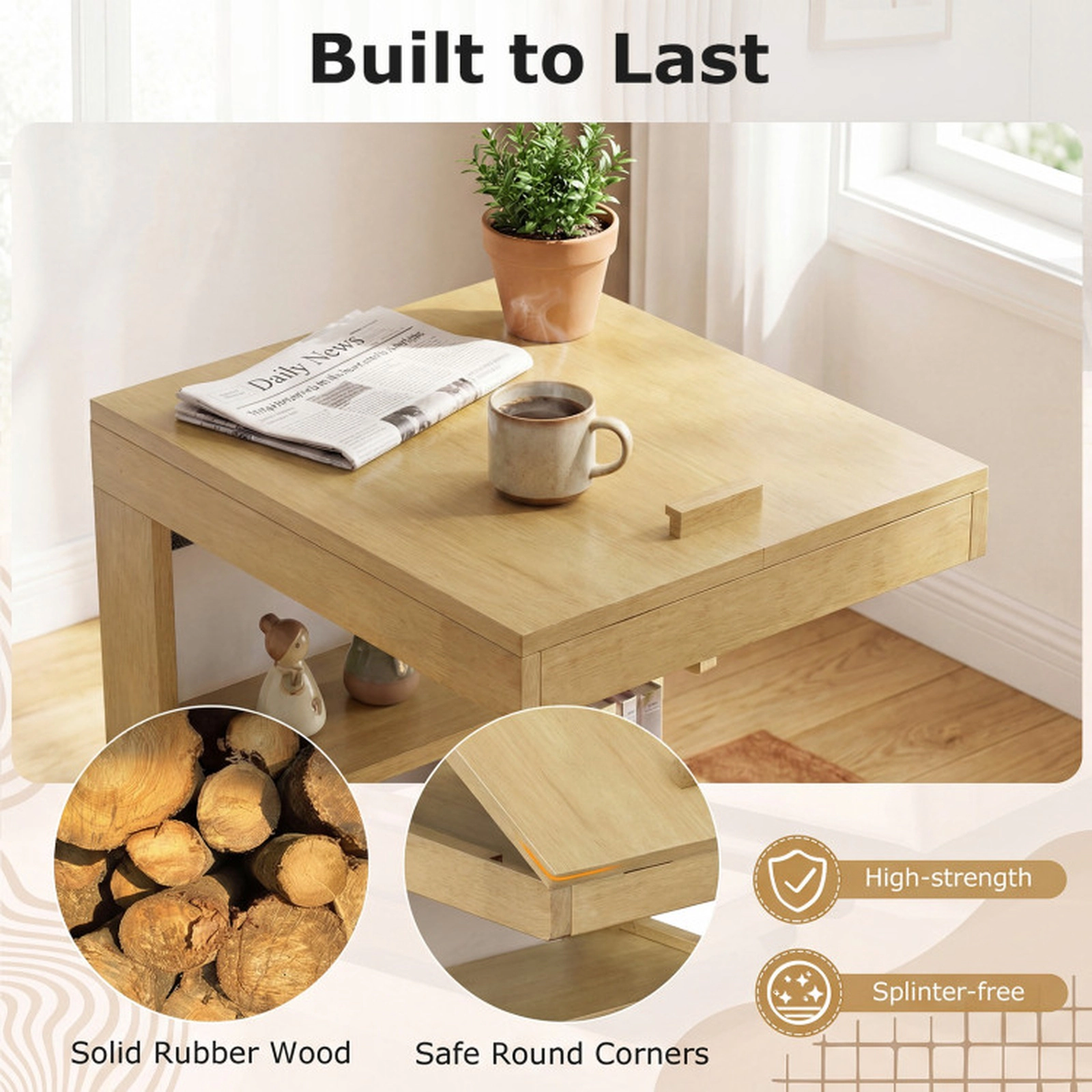 SUGIFT Adjustable Desktop C-Shaped End Table with Hidden Storage 210-lb Capacity Rolling Side Table Natural Brown White